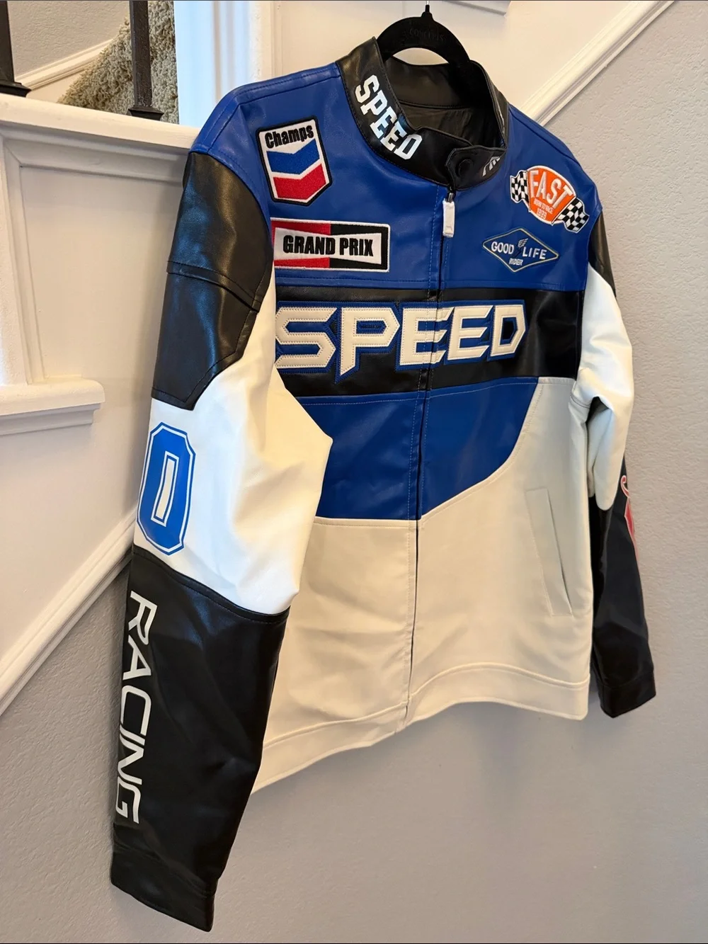 Adult Goodlife Blue White Black Racing 'SPEED' Leather Jacket